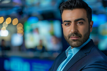 Obraz premium Generative AI Image of Male TV Host Conducting Live Broadcast in News Studio