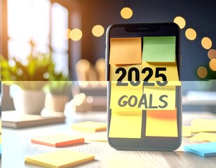 Smartphone with sticky notes displaying 2025 goals
