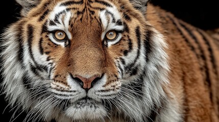 Naklejka premium Tiger Face Close-up Photography: Front View on Black Background for Wildlife Conservation, Advertising, and Artistic Creations. 