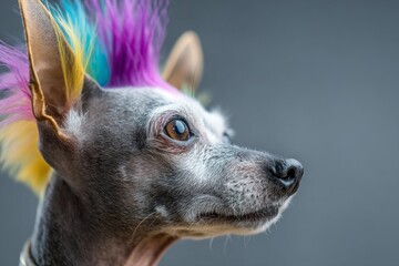 Close-up of small dog with colorful mohawk hairstyle and shaved fur, looking to the side against a neutral background