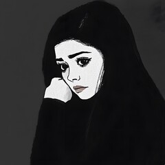 Pen and ink illustration of a pensive young woman.