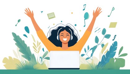 Happy woman listening to music on laptop.