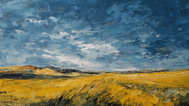 book cover for rural solitude | human solitude | restless longing | chrome yellow and cobalt | curved horizon lines | self-portrait faces | vortex movement | impasto brushwork | emotional