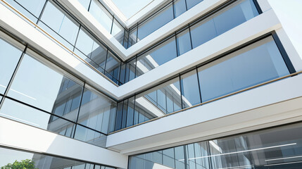 Modern office building with large glass windows and sleek architectural design, showcasing bright and airy atmosphere