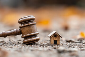 Wooden judge gavel beside miniature house on ground symbolizing property law, inheritance or real estate judgment