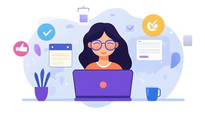 Woman working on a laptop, surrounded by digital tools.