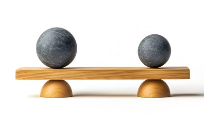 Wooden balance scale with stone spheres.