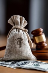 Money bag with dollar symbol on top of banknotes beside judge&rsquo;s gavel, symbolizing financial penalties and legal consequences