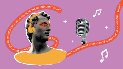Vintage retro music halftone set. Karaoke collage with microphone, notes, greek statue, paper torn, grunge cut-out elements of photocopy effect. Retro disco party. Trendy isolated vector illustration.
