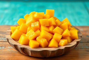 Close-up of vibrant mango chunks on rustic wooden tray, turquoise background,  healthy,   turquoise