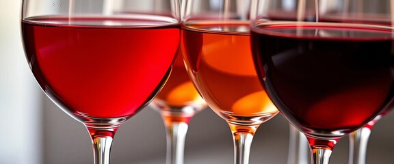 Close-up of wine gradients in glasses, showing color variations from top to bottom,  smooth,  beverage