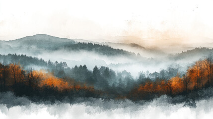Serene misty mountain landscape with autumnal colors and foggy peaks sky art view.