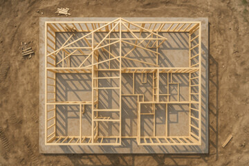 Aerial view of wooden house framing under construction, showcasing intricate layout and structure of building. shadows cast by framework add depth to scene, highlighting progress of project