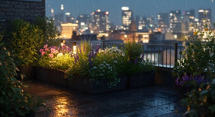 Obraz premium Nighttime Rooftop Garden Oasis with City Skyline View