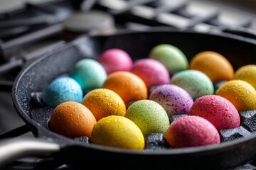 Colorful speckled eggs arranged in a black frying pan on stovetop with water droplets on surface