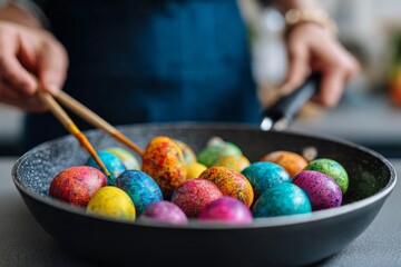 Woman holding frying pan with colorful speckled eggs using chopsticks, playful and creative cooking concept