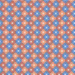seamless floral pattern,draw straight lines,curves,circle,which are red,blue and orange with a gray background,and put them together to from red,blue and orange flowers to be fabric pattern.