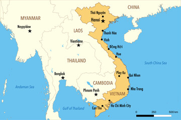 Fototapeta premium Vector Map of Vietnam with Major Cities and Neighboring Countries – Editable Illustration