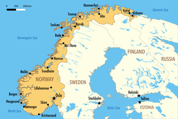 Obraz premium Vector Map of Norway with Major Cities and Neighboring Countries – Editable Illustration