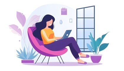 Woman working on laptop in a comfortable chair.
