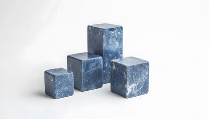 Blue stone cubes of varying sizes on a white background.