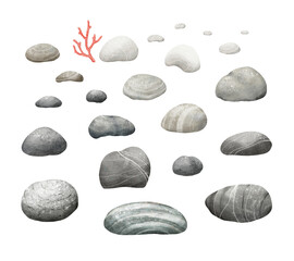 Watercolor stones, isolated illustration for your decor, design poster, print. Hand-drawn collection colored stones and cute red coral.