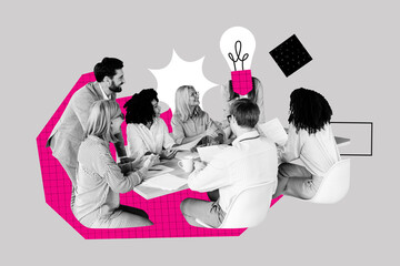 Full 3d poster art collage of happy business partners men women sit workplace light bulb plan...