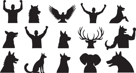 Animal and Human Silhouette Icons &ndash; Vector Set Featuring Wild Animals, Pets, and People