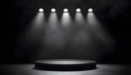 Dark stage with spotlights and circular podium.