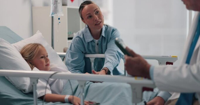 Doctor, mother and recovery with daughter in hospital bed for consulting, operation or surgery. Happy, medical or tablet with girl child, single parent woman and surgeon in clinic for healthcare