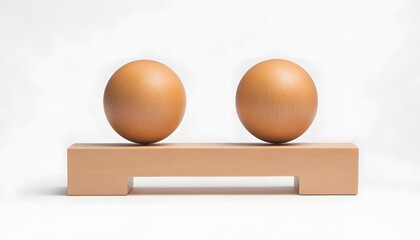 Two light brown spheres balanced on a light brown wooden beam.