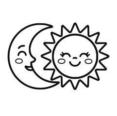 Cute sun and moon face cartoon black and white vector icon