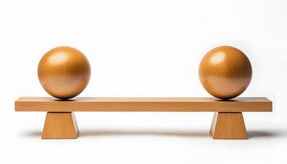 Wooden spheres balanced on a seesaw.