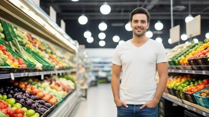Male grocery store employee standing confidently in front of fresh produce display, surrounded by vibrant fruits and vegetables, showcasing a welcoming atmosphere in a modern supermarket environment