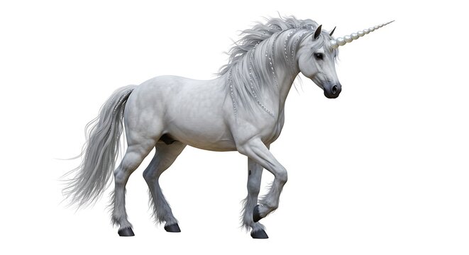 A beautiful and majestic white unicorn walks with a powerful and graceful stride in this stunningly realistic illustration.
