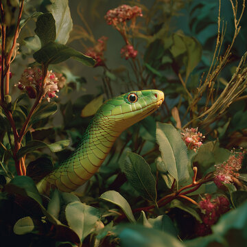 Wide shot: A green mamba blends seamlessly into foliage until you notice its head angled perfectly toward you. Highlight the sinuous curve of its neck and the unnerving intelligence in its stare - nat