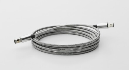 Coiled Silver And Black Data Cable On A Clean White Background For High Speed Digital Connectivity