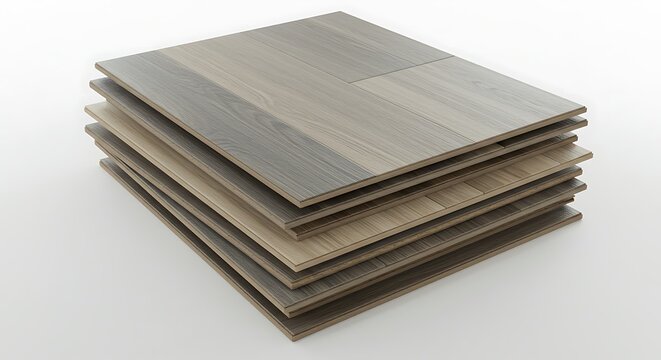 A neat stack of laminate or engineered wood flooring planks, showcasing a variety of modern colors and wood grain textures.