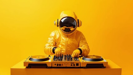 A DJ in a yellow space suit mixes tracks at an energetic gathering, creating an engaging atmosphere against a bright studio backdrop