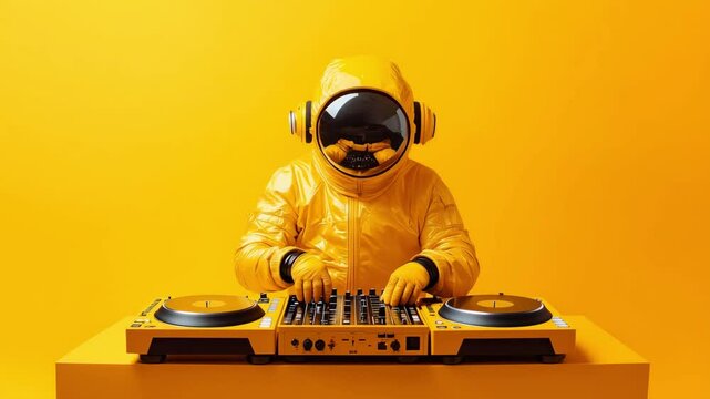 A DJ in a yellow space suit mixes tracks at an energetic gathering, creating an engaging atmosphere against a bright studio backdrop
