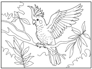 Naklejka premium cockatoo cartoon outline for coloring page, paper a4 printable, vector line art black and white illustration, white background