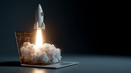 Startup Rocket Launching from Laptop Screen signifying innovation, technology, and business growth.