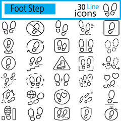 Foot Step 30 line icons, including barefoot, boots, walking, monochrome, track, and many more
