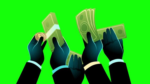 Business hands holding cash, auction, crowdfunding and investment animation concept
