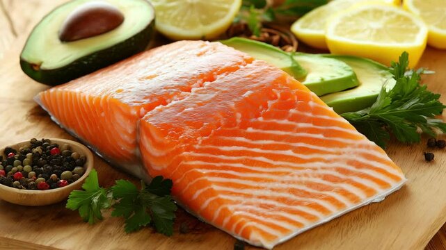 Fresh salmon served alongside avocado and lemon on a wooden cutting board for a nutritious meal