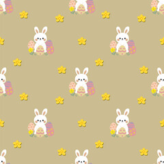 Obraz premium seamless pattern Easter egg with rabbits and flowers.pastel color cute cartoon character .Vintage artwork background element template for printed fabric,paper wrapping,card,interior,digital art