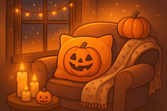 Halloween Armchair with Pumpkin Pillow and Candles, AI generated