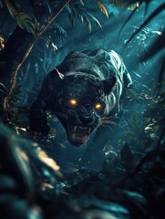 Glowing-Eyed Panther in the Jungle By Generated AI