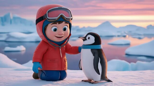 a doctor cartoon in red coat doing research for sick pinguin in mountain snow background