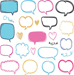 Collection of colorful hand drawn speech bubbles and hearts on a transparent  background